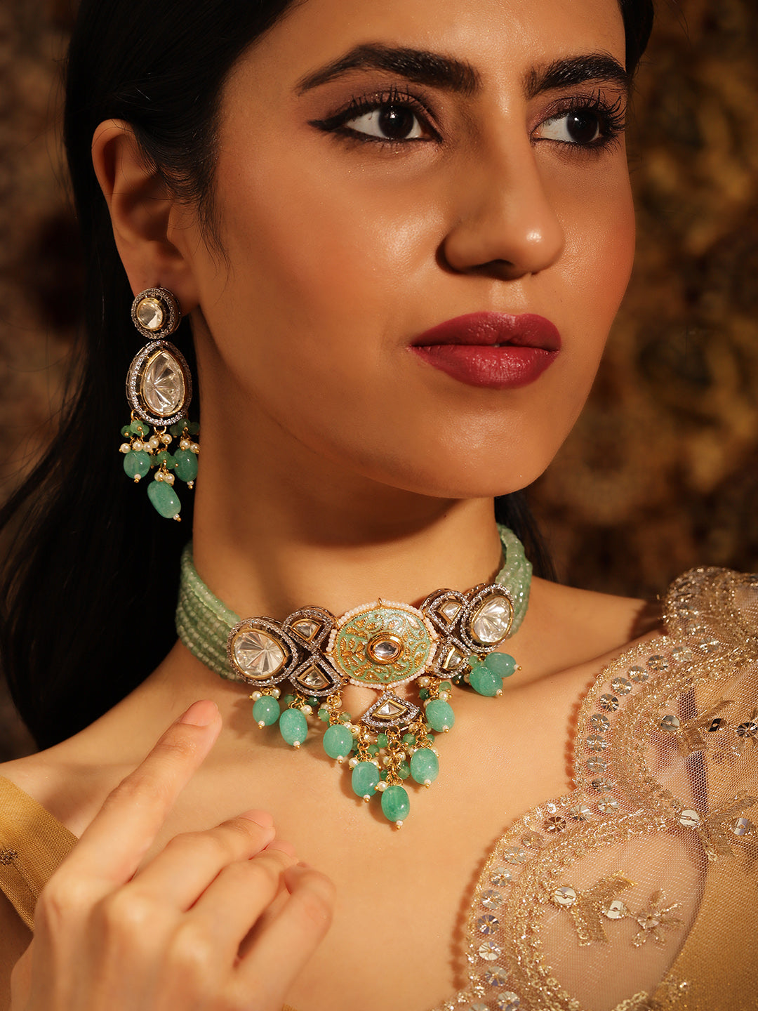 Green Elegance Meenakari Design Polki Style Chocker Necklace with Drop Pattern Earrings Jewellery Set