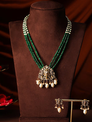 Emerald Pearl Sequence God Elegance American Diamond Necklace with Gold Plated Mini Drop Earrings Jewellery Set