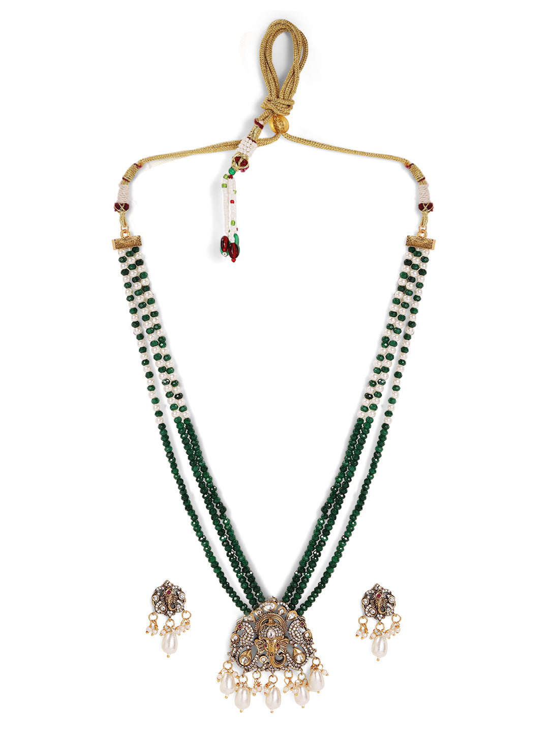 Emerald Pearl Sequence God Elegance American Diamond Necklace with Gold Plated Mini Drop Earrings Jewellery Set