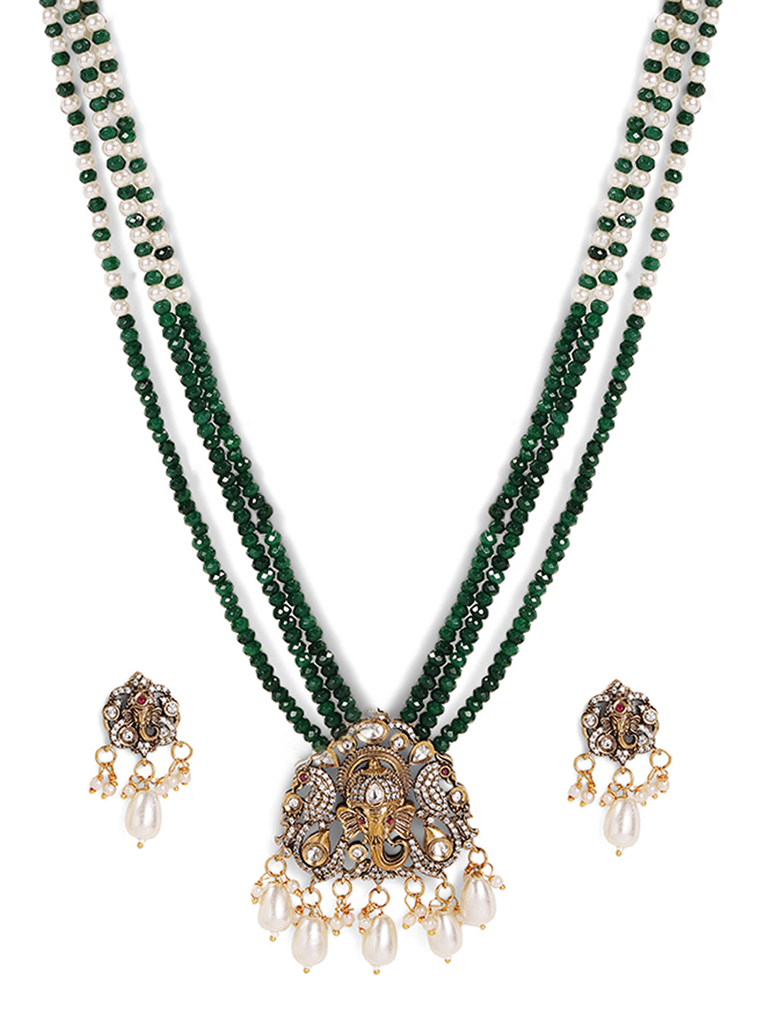 Emerald Pearl Sequence God Elegance American Diamond Necklace with Gold Plated Mini Drop Earrings Jewellery Set