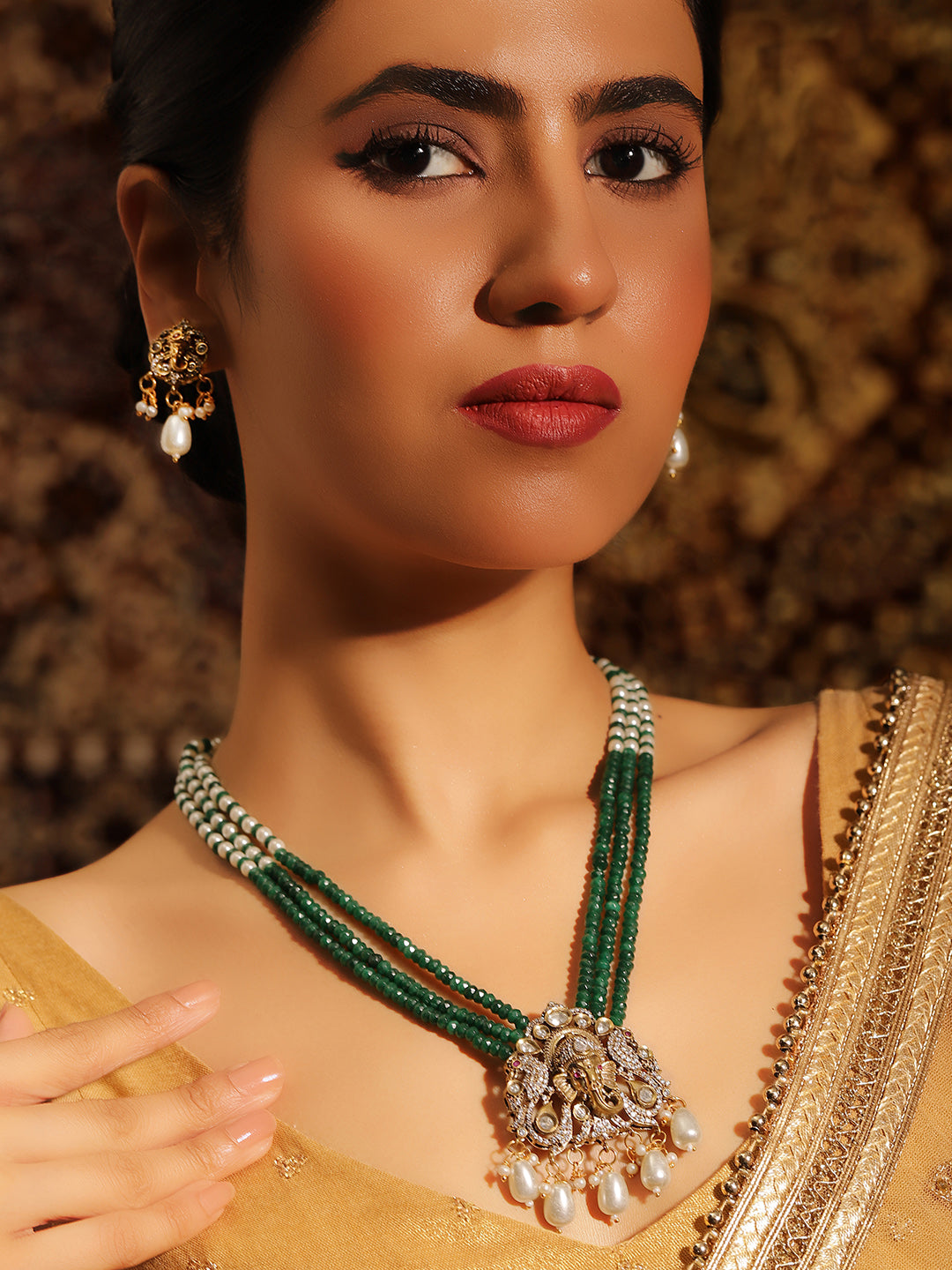 Emerald Pearl Sequence God Elegance American Diamond Necklace with Gold Plated Mini Drop Earrings Jewellery Set