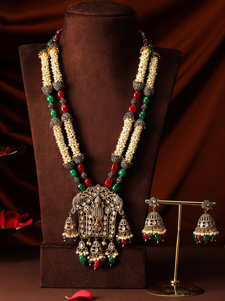 Premium Elegance God Pattern Pearl Beads Sequence Gold Plated Necklace with Drop Earrings Jewellery Set