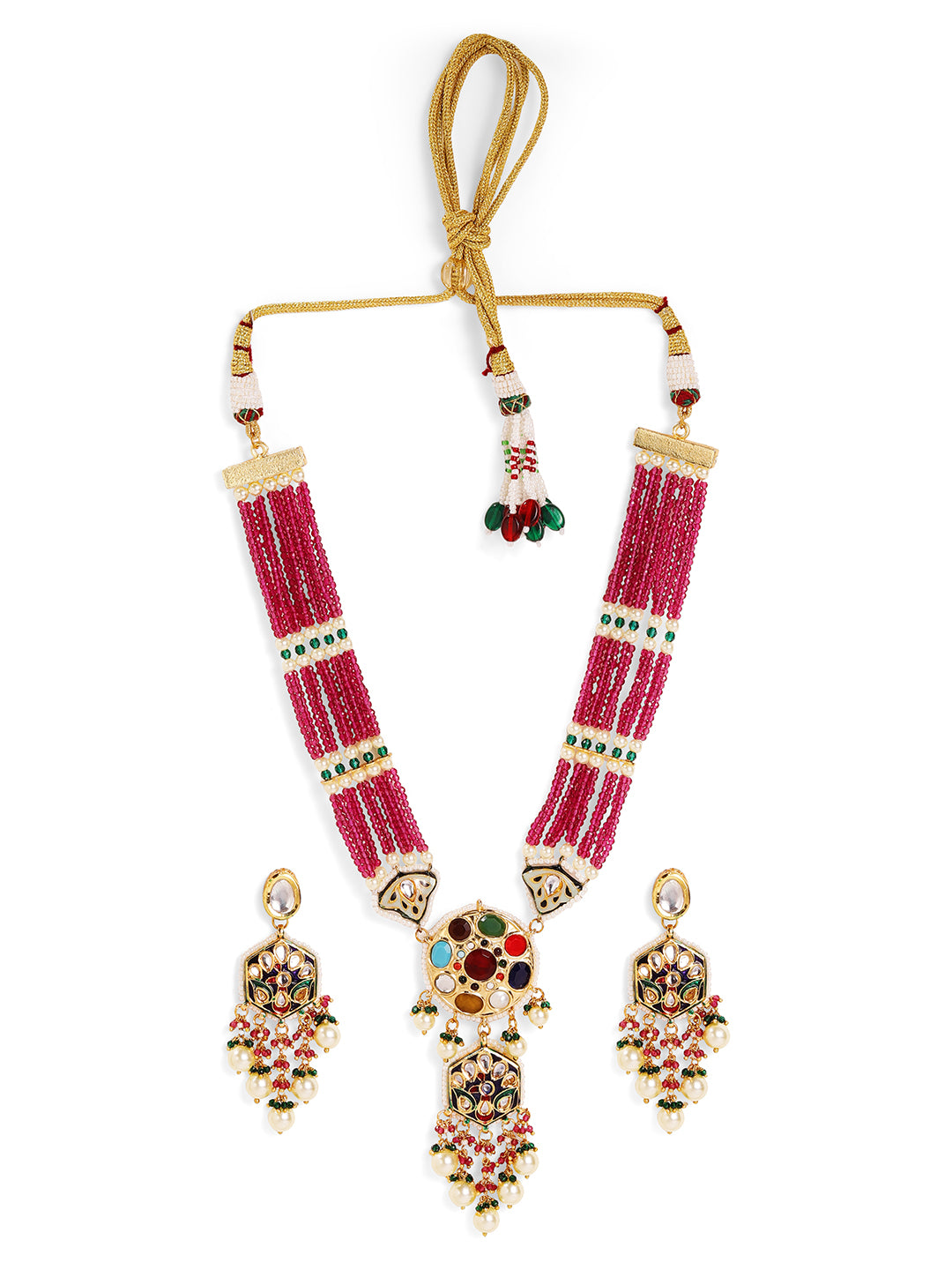 Navratana Elegance with Red Beaded Kundan Floral Elegance Necklace with Drop Pattern Earrings Jewellery Set