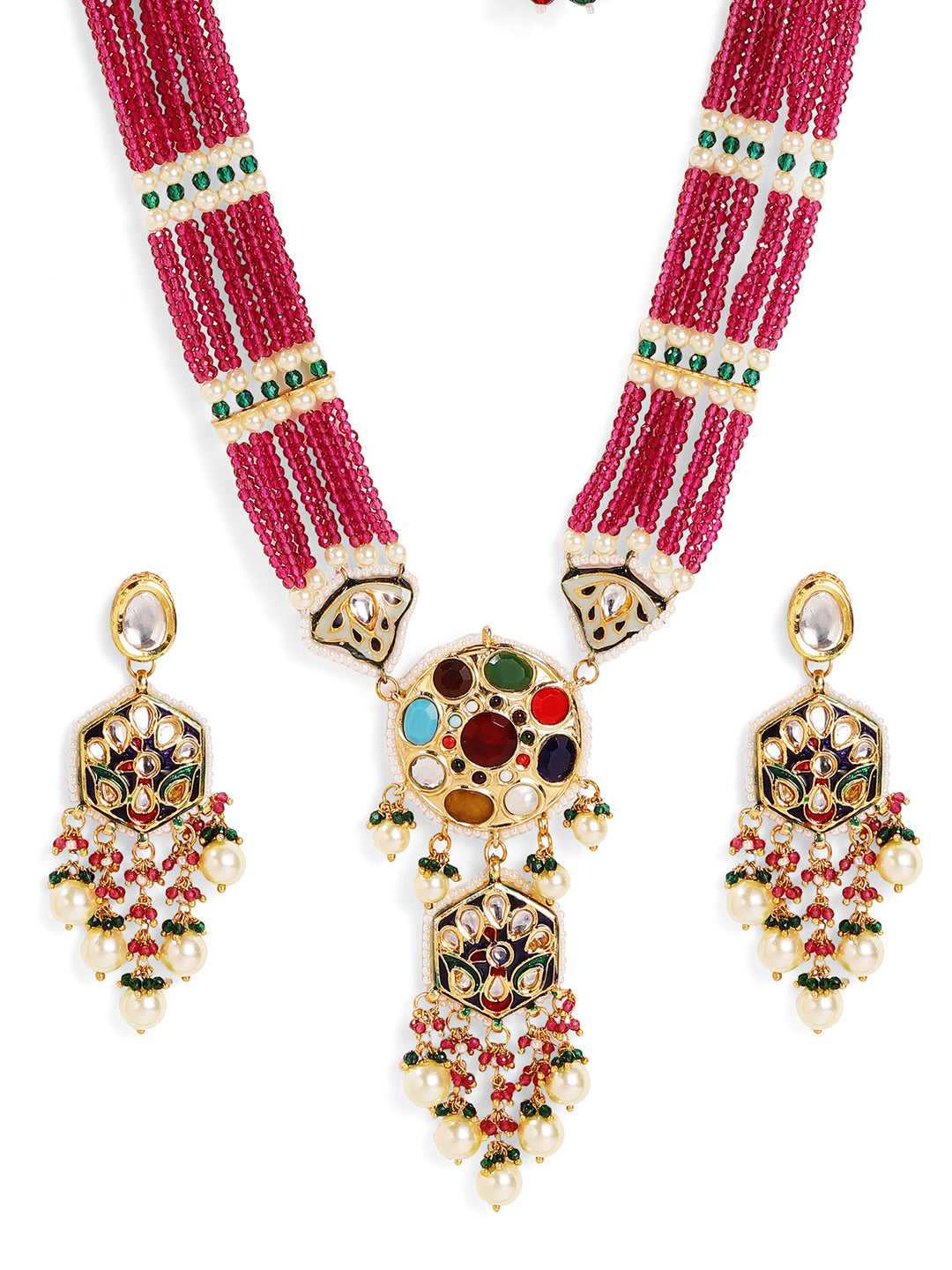 Navratana Elegance with Red Beaded Kundan Floral Elegance Necklace with Drop Pattern Earrings Jewellery Set