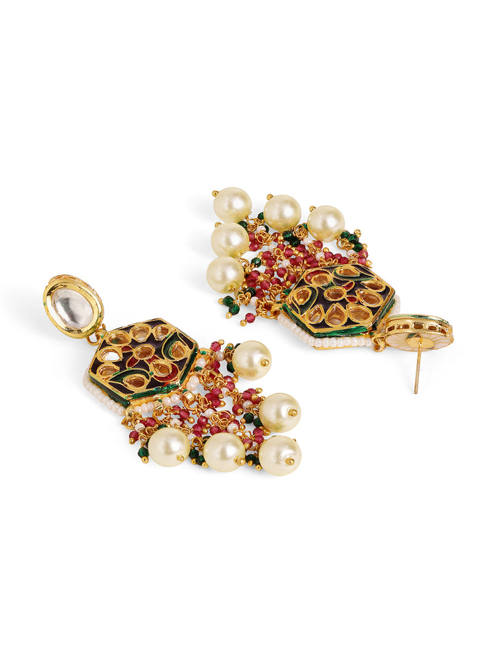 Navratana Elegance with Red Beaded Kundan Floral Elegance Necklace with Drop Pattern Earrings Jewellery Set