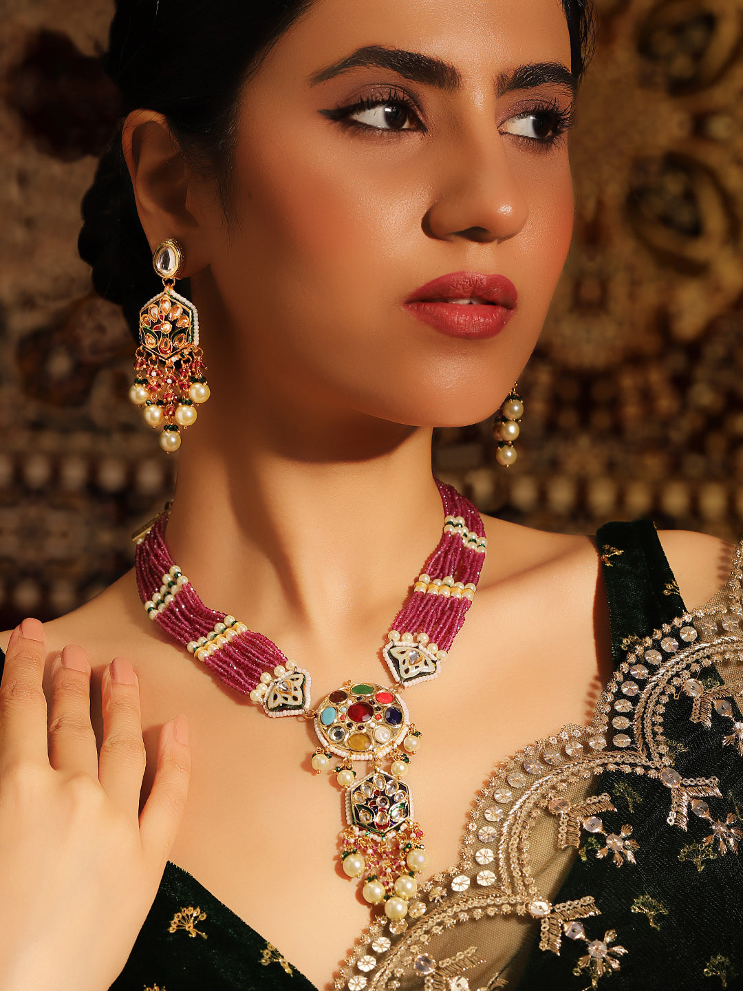 Navratana Elegance with Red Beaded Kundan Floral Elegance Necklace with Drop Pattern Earrings Jewellery Set