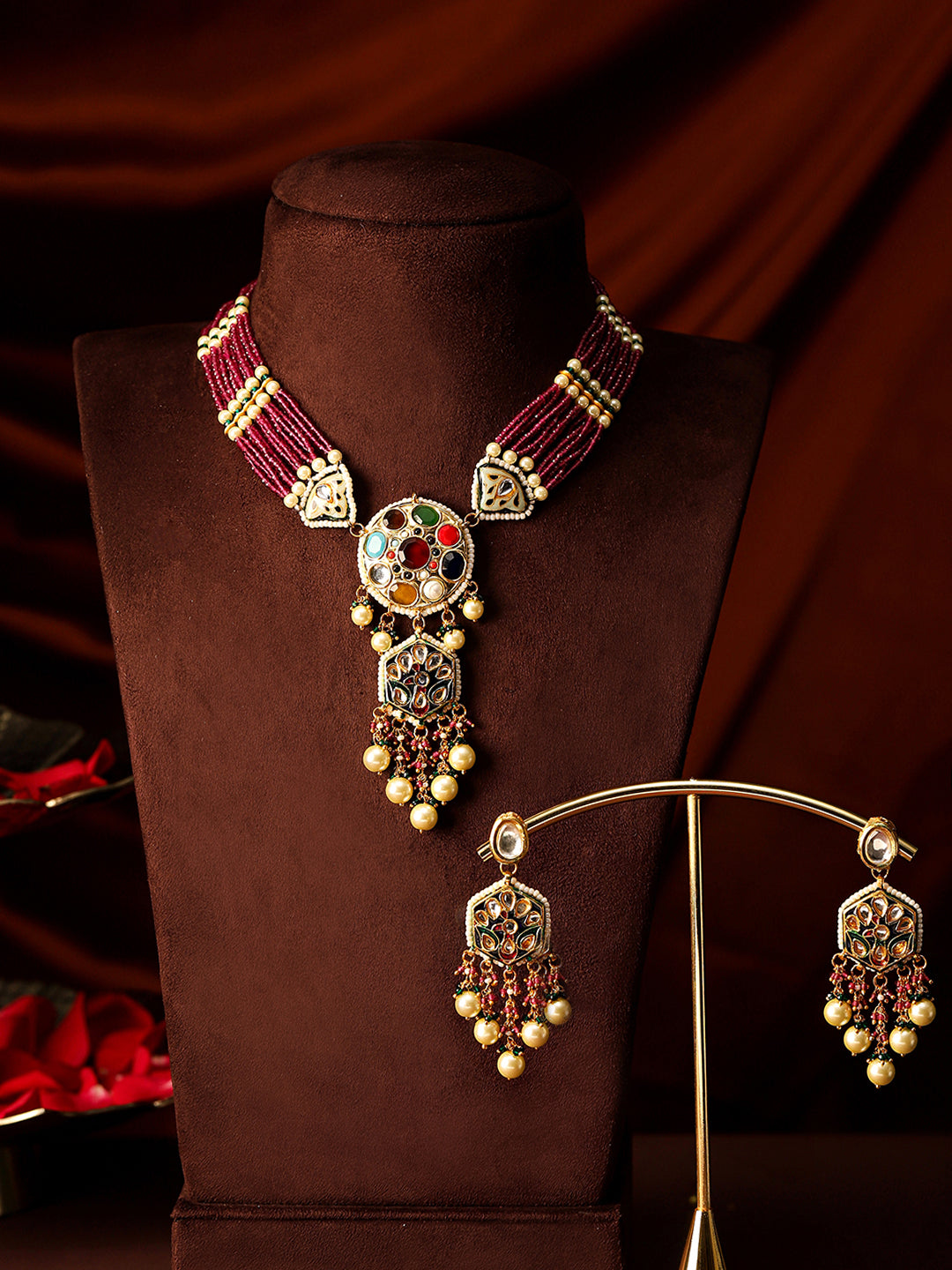 Navratana Elegance with Red Beaded Kundan Floral Elegance Necklace with Drop Pattern Earrings Jewellery Set