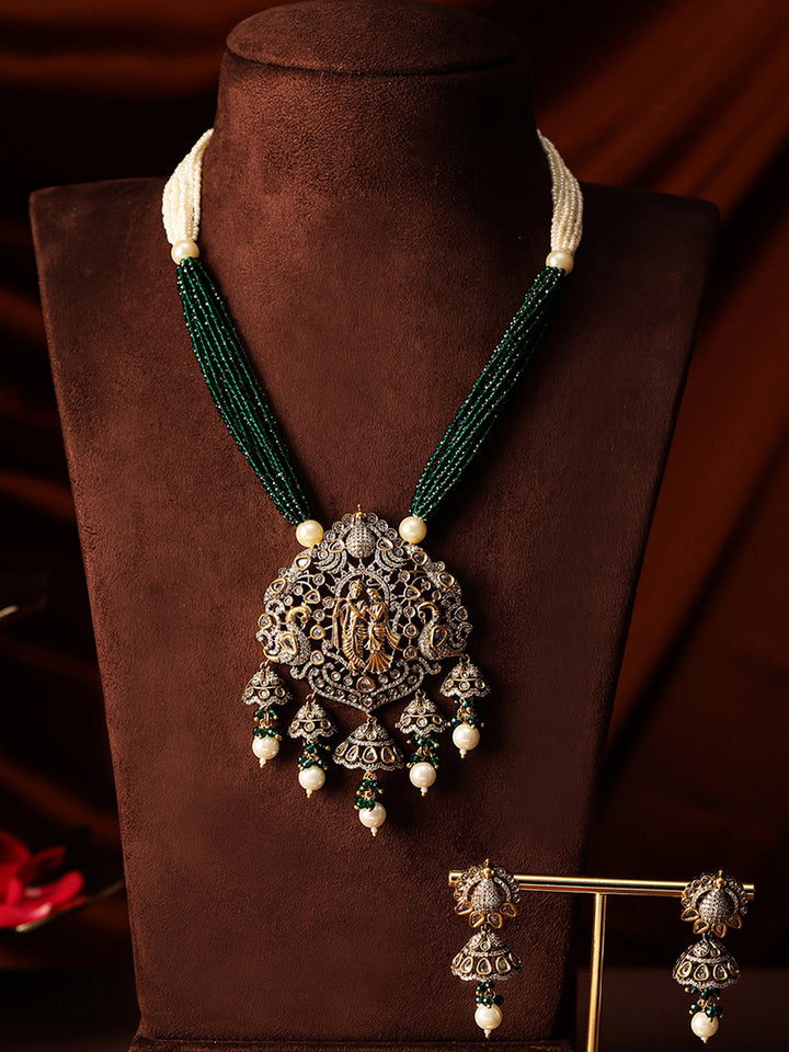 God and Goddess Green White Elegance American Diamond Necklace with Jhumki Earrings Jewellery Set