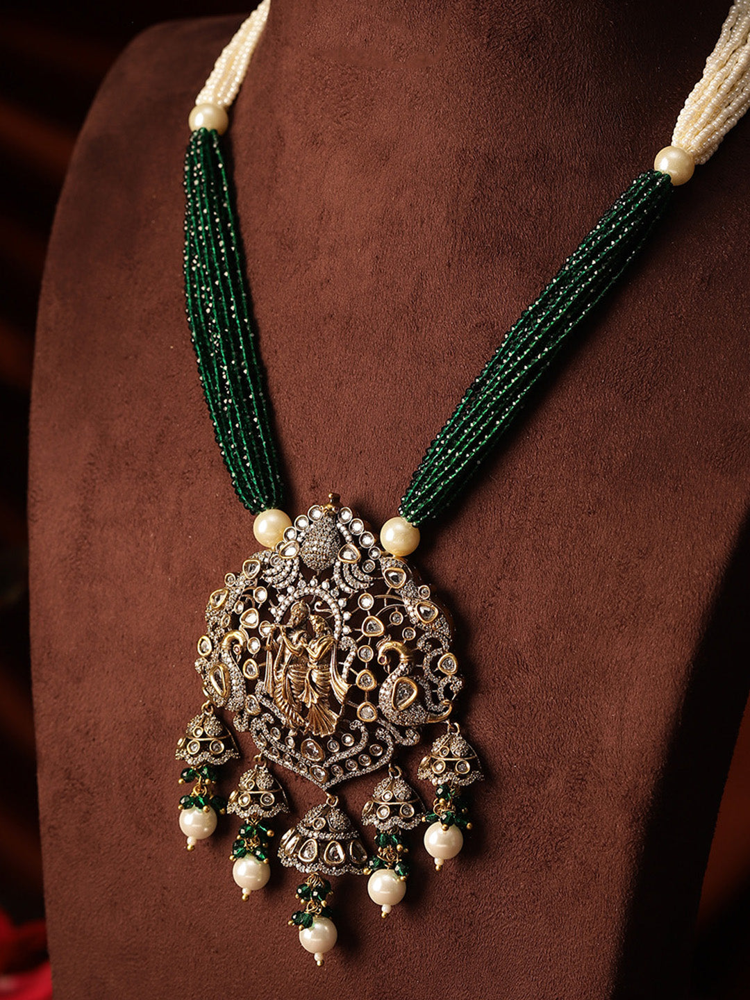 God and Goddess Green White Elegance American Diamond Necklace with Jhumki Earrings Jewellery Set