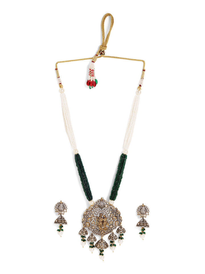 God and Goddess Green White Elegance American Diamond Necklace with Jhumki Earrings Jewellery Set