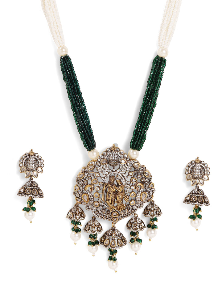 God and Goddess Green White Elegance American Diamond Necklace with Jhumki Earrings Jewellery Set