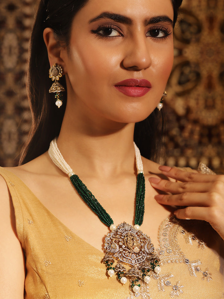 God and Goddess Green White Elegance American Diamond Necklace with Jhumki Earrings Jewellery Set