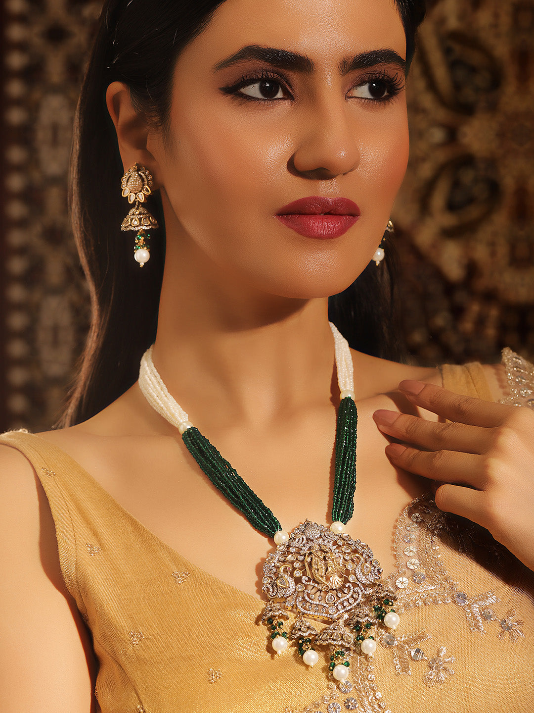 God and Goddess Green White Elegance American Diamond Necklace with Jhumki Earrings Jewellery Set