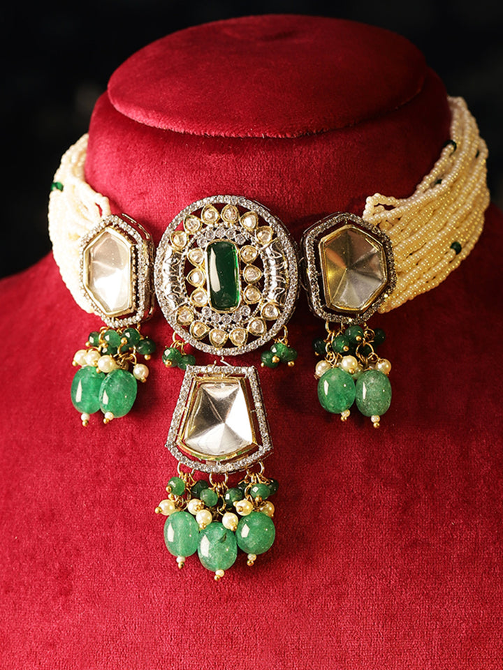 Geometric Emerald Elegance Green Stoned Polki Chocker Necklace with Gold Plated Drop Earrings Jewellery Set