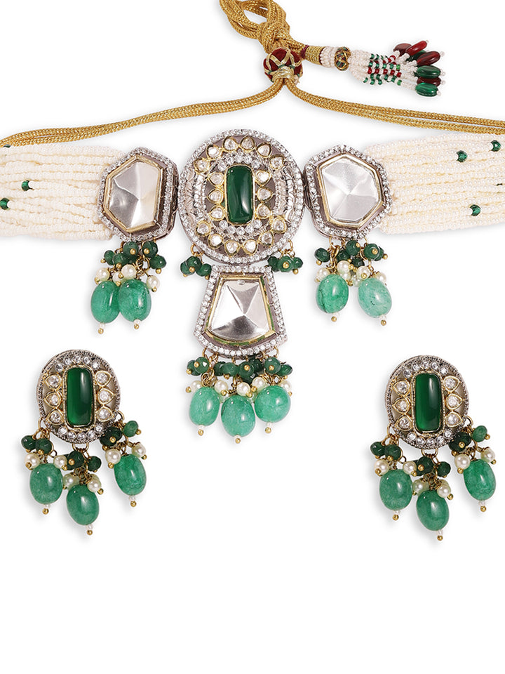 Geometric Emerald Elegance Green Stoned Polki Chocker Necklace with Gold Plated Drop Earrings Jewellery Set