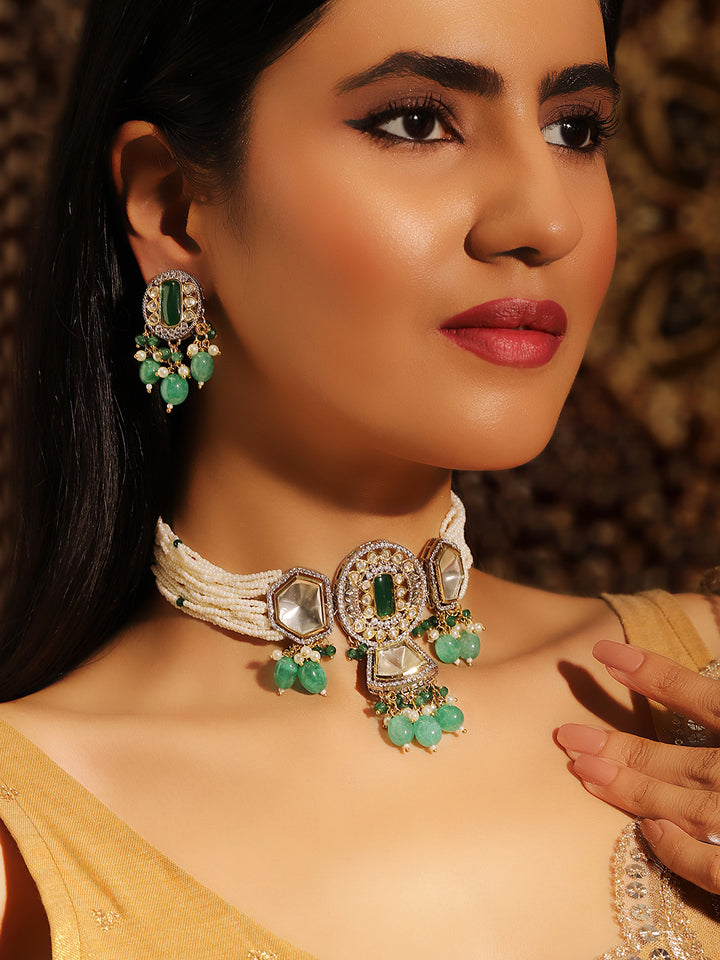 Geometric Emerald Elegance Green Stoned Polki Chocker Necklace with Gold Plated Drop Earrings Jewellery Set