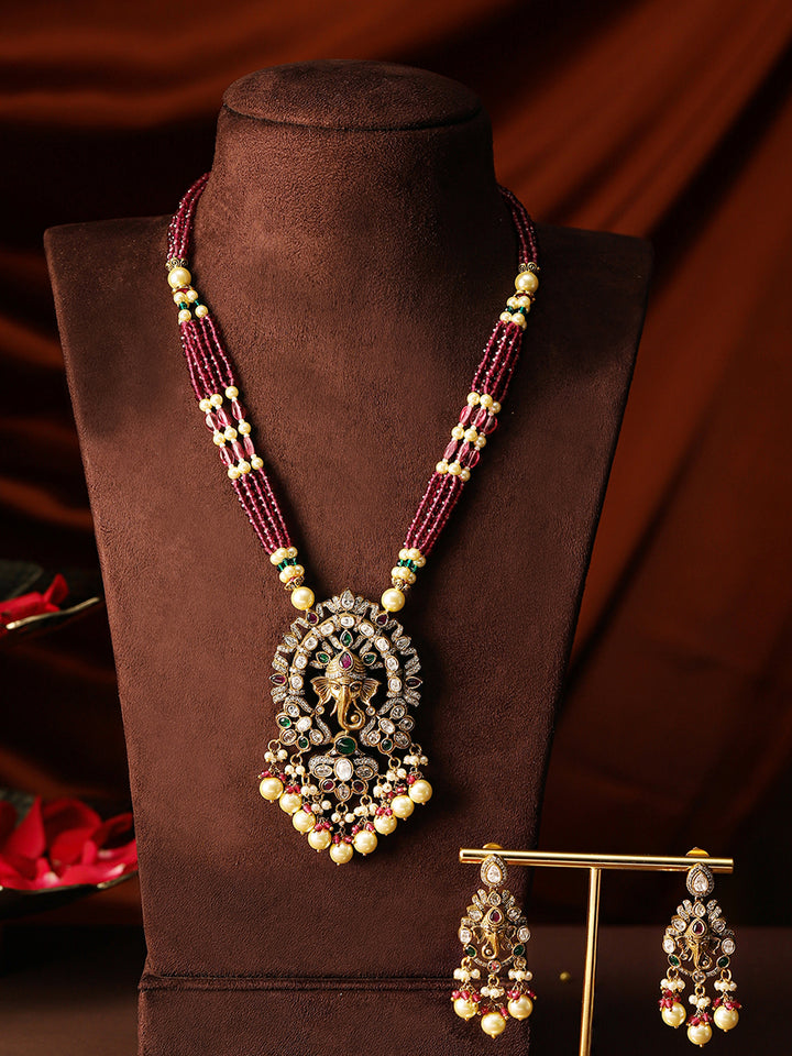 Premium Elegance Red Beaded Victorian Stoned God Pattern Necklace with Drop Elegance Earrings Jewellery Set