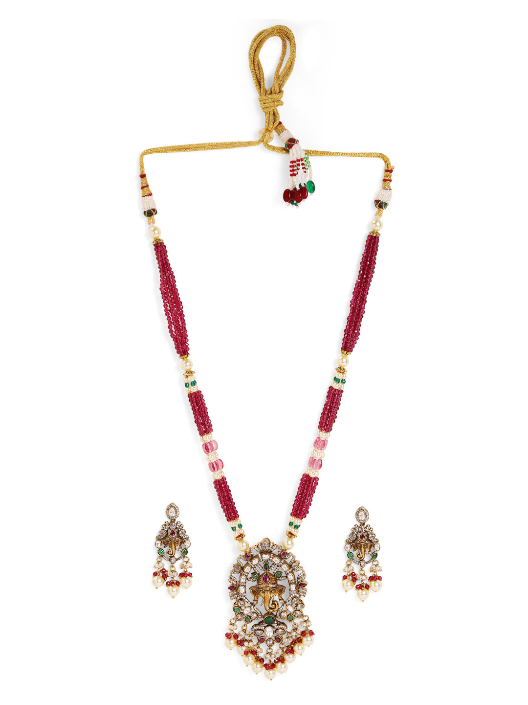 Premium Elegance Red Beaded Victorian Stoned God Pattern Necklace with Drop Elegance Earrings Jewellery Set