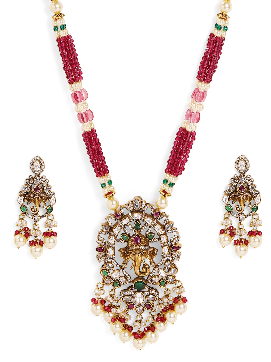 Premium Elegance Red Beaded Victorian Stoned God Pattern Necklace with Drop Elegance Earrings Jewellery Set