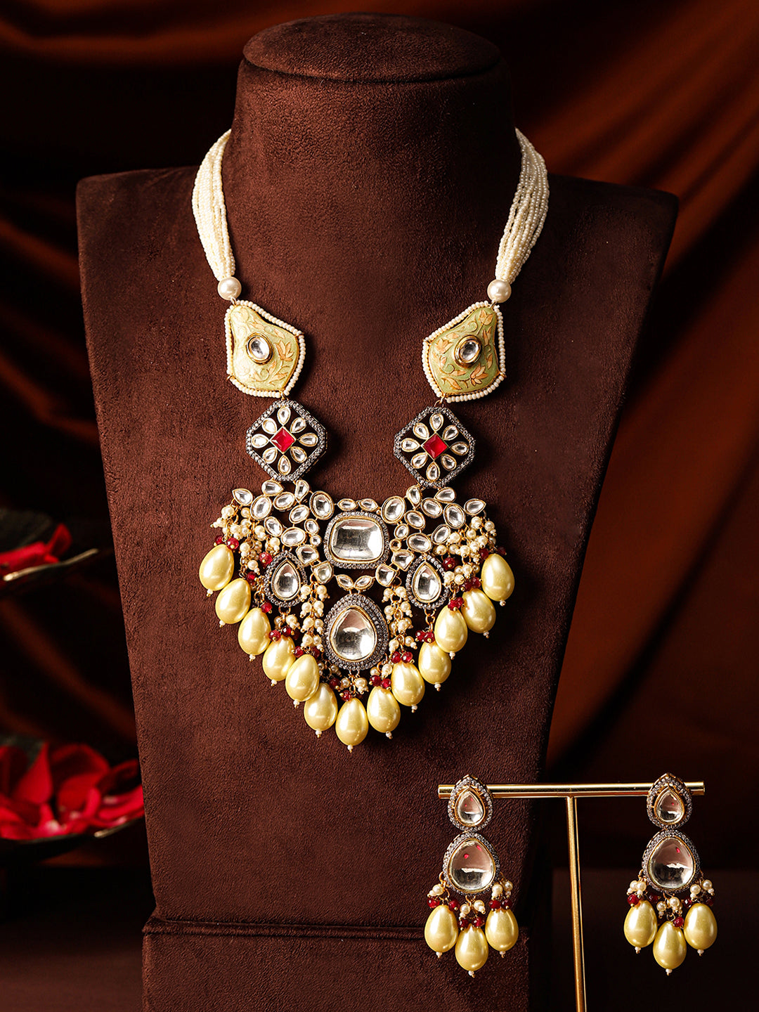 Yellow Meenakari Beads White Stones Polki Elegance Necklace with Drop Yellow Beads Earrings Jewellery Set