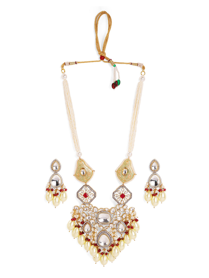 Yellow Meenakari Beads White Stones Polki Elegance Necklace with Drop Yellow Beads Earrings Jewellery Set