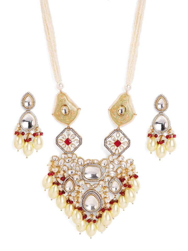 Yellow Meenakari Beads White Stones Polki Elegance Necklace with Drop Yellow Beads Earrings Jewellery Set