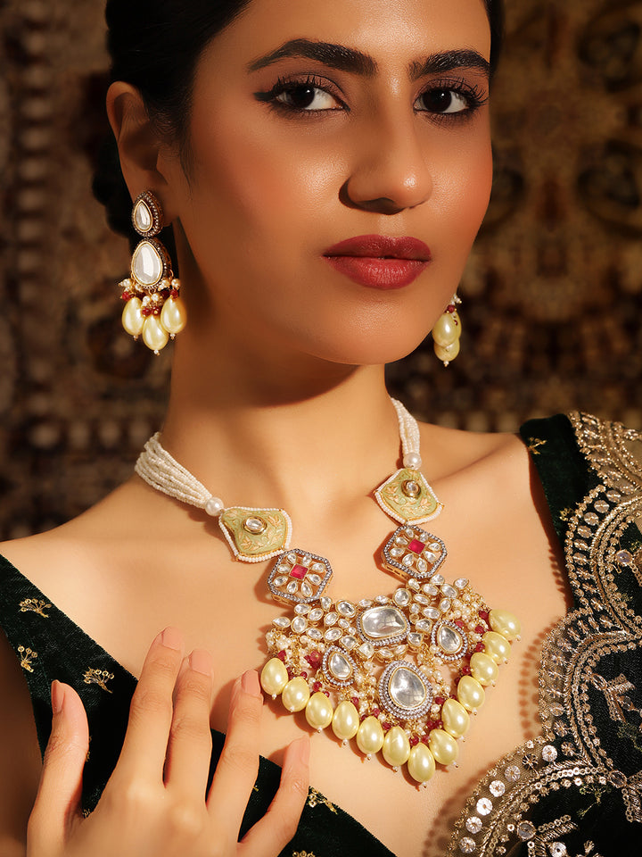 Yellow Meenakari Beads White Stones Polki Elegance Necklace with Drop Yellow Beads Earrings Jewellery Set