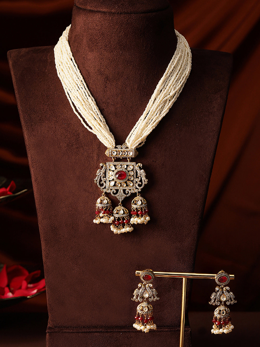 Floral Jhumki Elegance with American Diamond Gold Plated Pearl Necklace with Drop Floral Pattern Earrings Jewellery Set