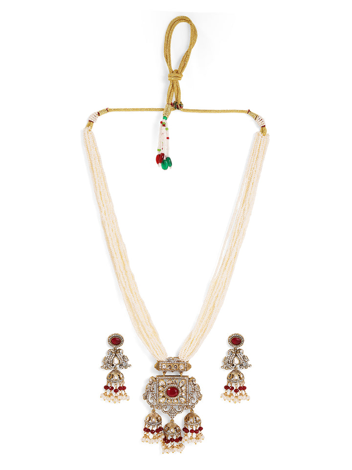 Floral Jhumki Elegance with American Diamond Gold Plated Pearl Necklace with Drop Floral Pattern Earrings Jewellery Set