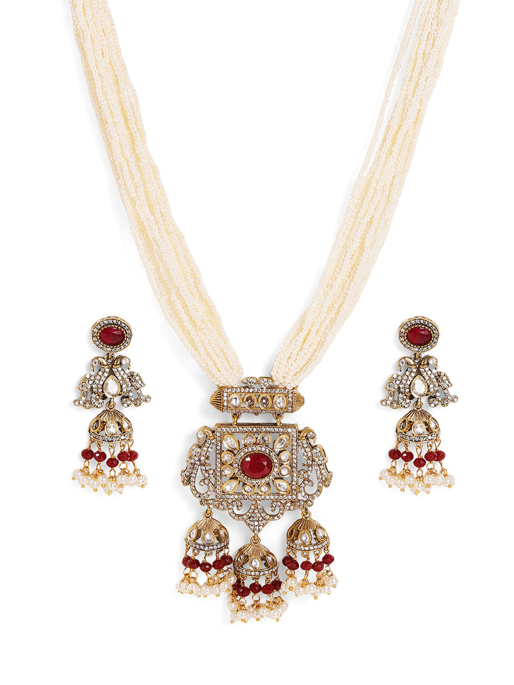 Floral Jhumki Elegance with American Diamond Gold Plated Pearl Necklace with Drop Floral Pattern Earrings Jewellery Set