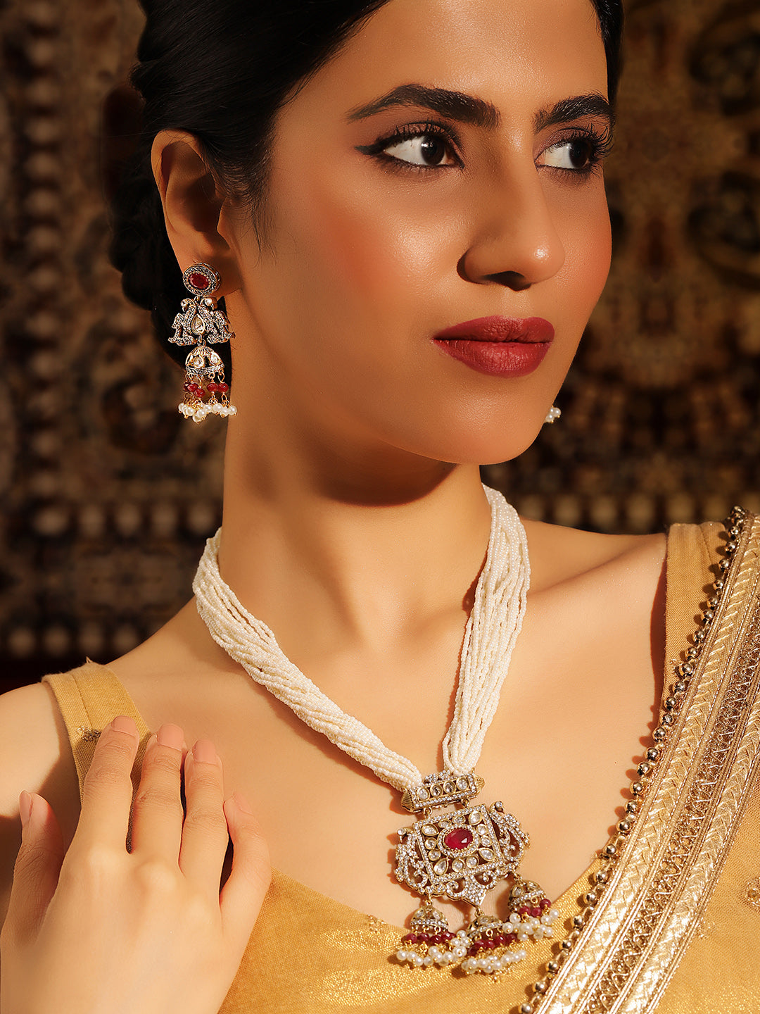 Floral Jhumki Elegance with American Diamond Gold Plated Pearl Necklace with Drop Floral Pattern Earrings Jewellery Set