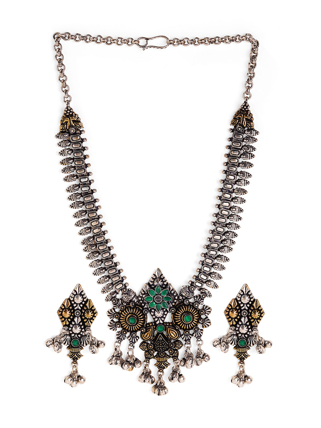 Dual toned Floral Green Oxidized Elegant Mini Silver Balls Necklace with Drop Earrings Jewellery Set