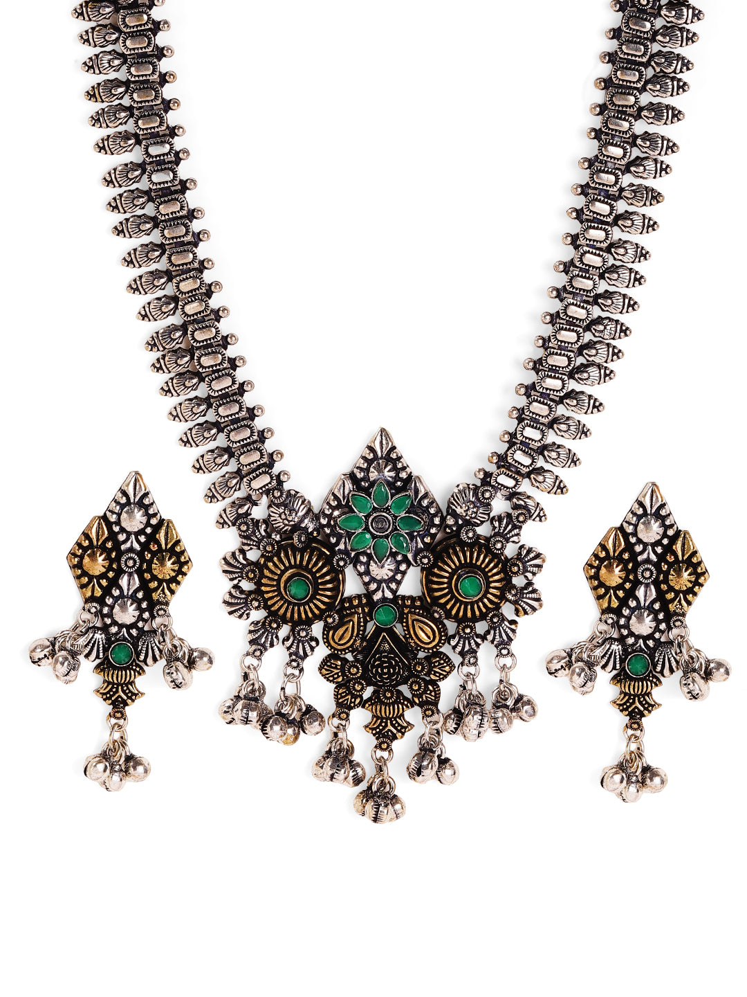 Dual toned Floral Green Oxidized Elegant Mini Silver Balls Necklace with Drop Earrings Jewellery Set