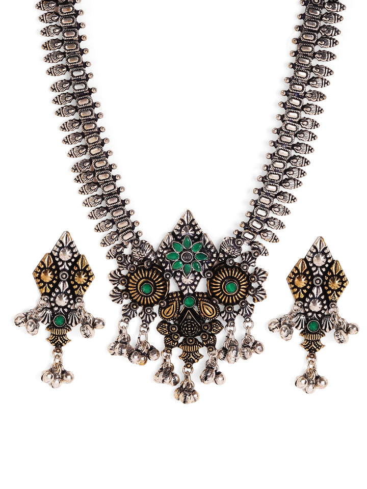 Dual toned Floral Green Oxidized Elegant Mini Silver Balls Necklace with Drop Earrings Jewellery Set