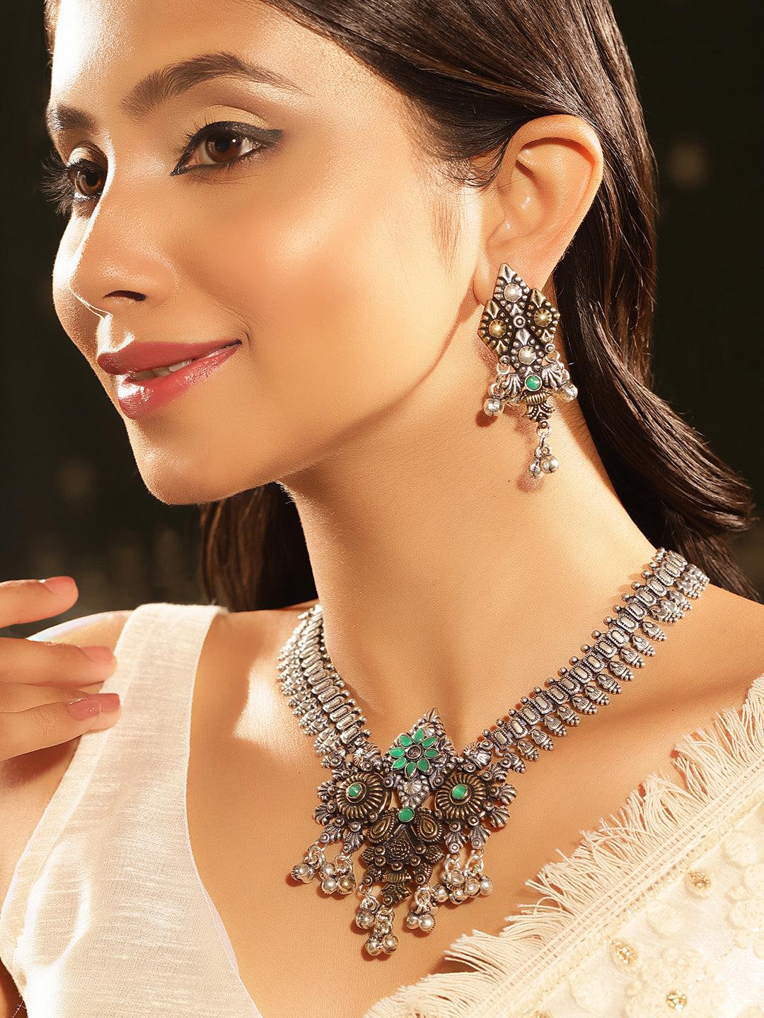 Dual toned Floral Green Oxidized Elegant Mini Silver Balls Necklace with Drop Earrings Jewellery Set