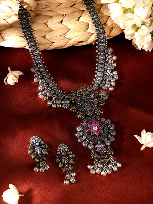 Dual Plated Peacock and Floral Pattern Oxidized Elegance Necklace with Silver Balls Drop Earrings Jewellery Set