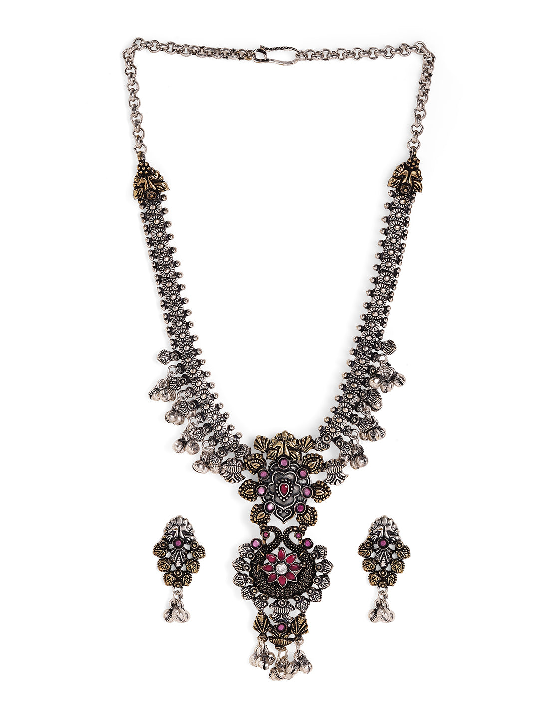 Dual Plated Peacock and Floral Pattern Oxidized Elegance Necklace with Silver Balls Drop Earrings Jewellery Set