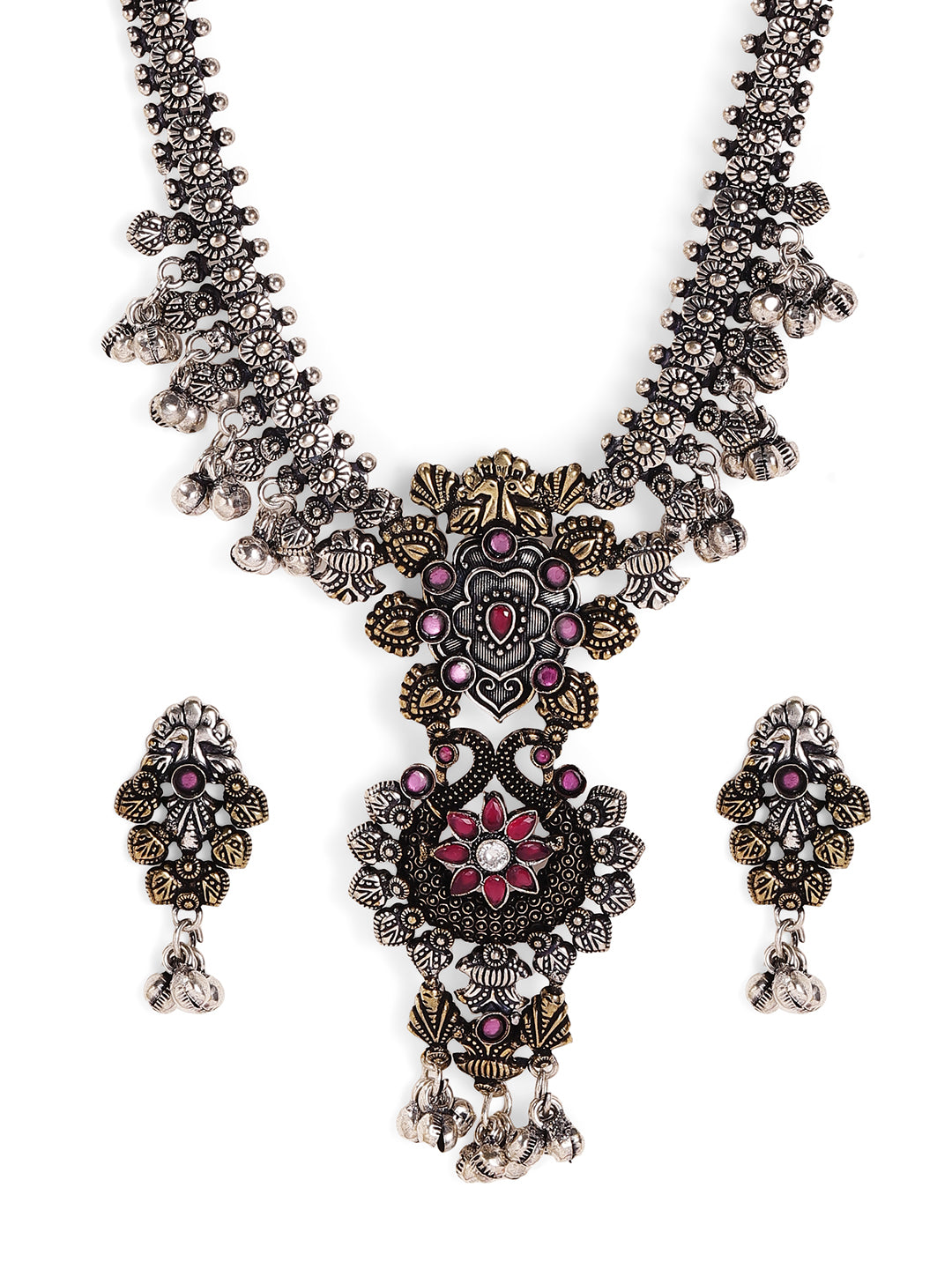 Dual Plated Peacock and Floral Pattern Oxidized Elegance Necklace with Silver Balls Drop Earrings Jewellery Set