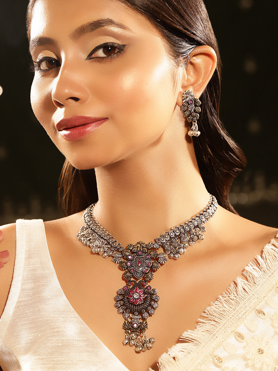 Dual Plated Peacock and Floral Pattern Oxidized Elegance Necklace with Silver Balls Drop Earrings Jewellery Set