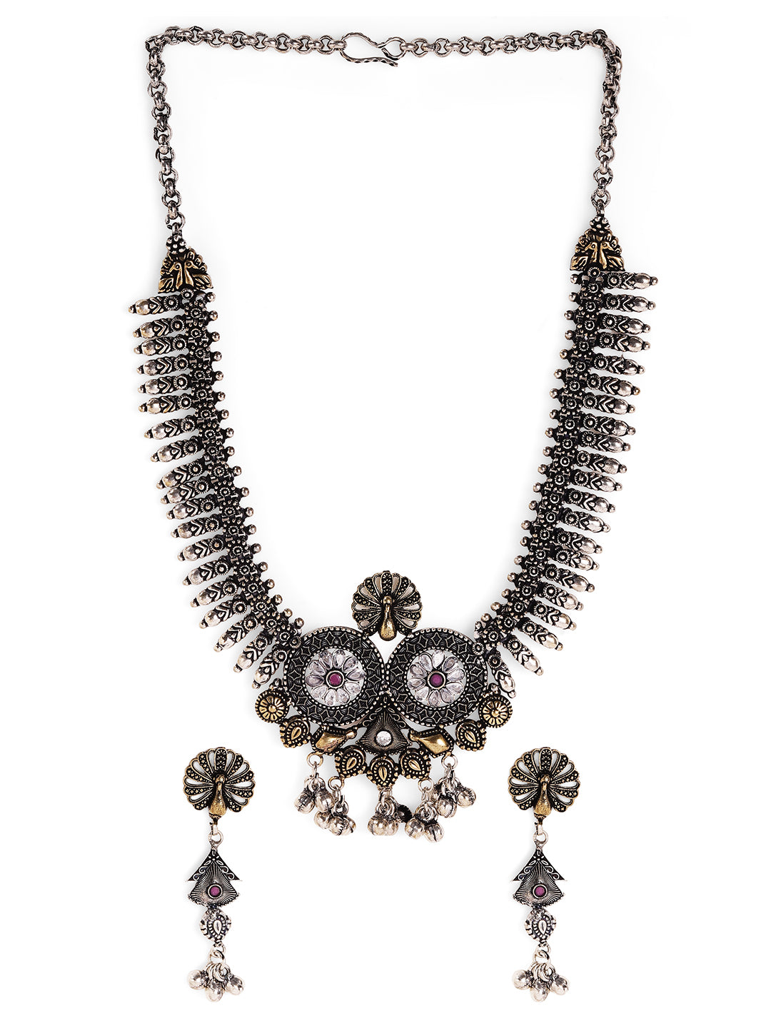 Oxidized Geometric Pattern Dual Toned with Mini Silver Balls Necklace with Drop Style Earrings Jewellery Set