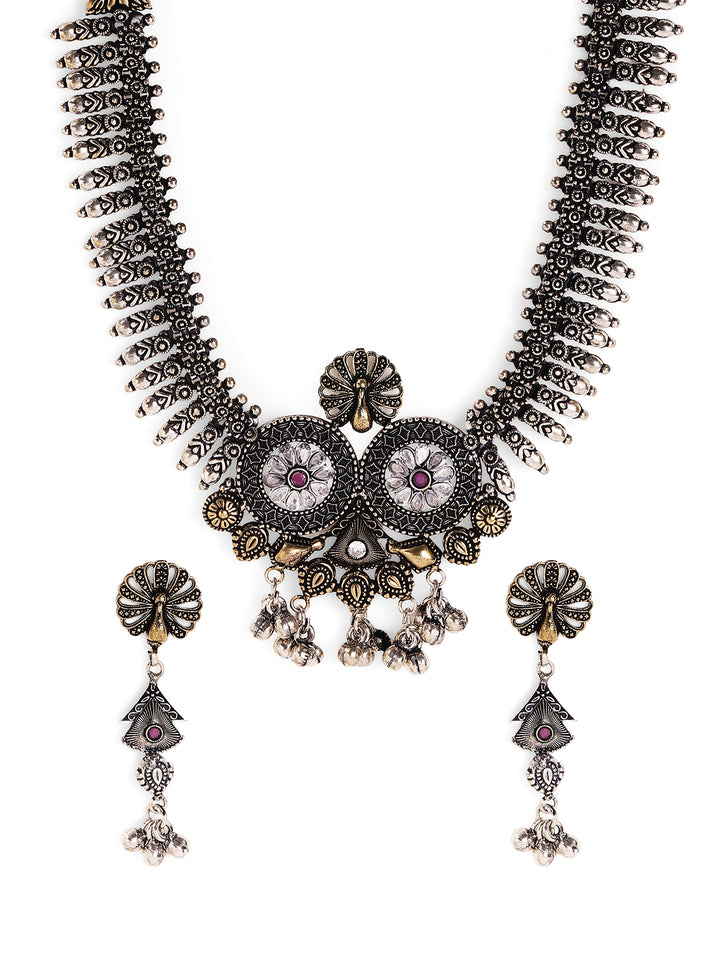 Oxidized Geometric Pattern Dual Toned with Mini Silver Balls Necklace with Drop Style Earrings Jewellery Set