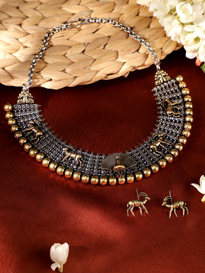 Deer Elegance Dual Plated Oxidized Fancy Necklace with Stud Pattern Earrings Jewellery Set