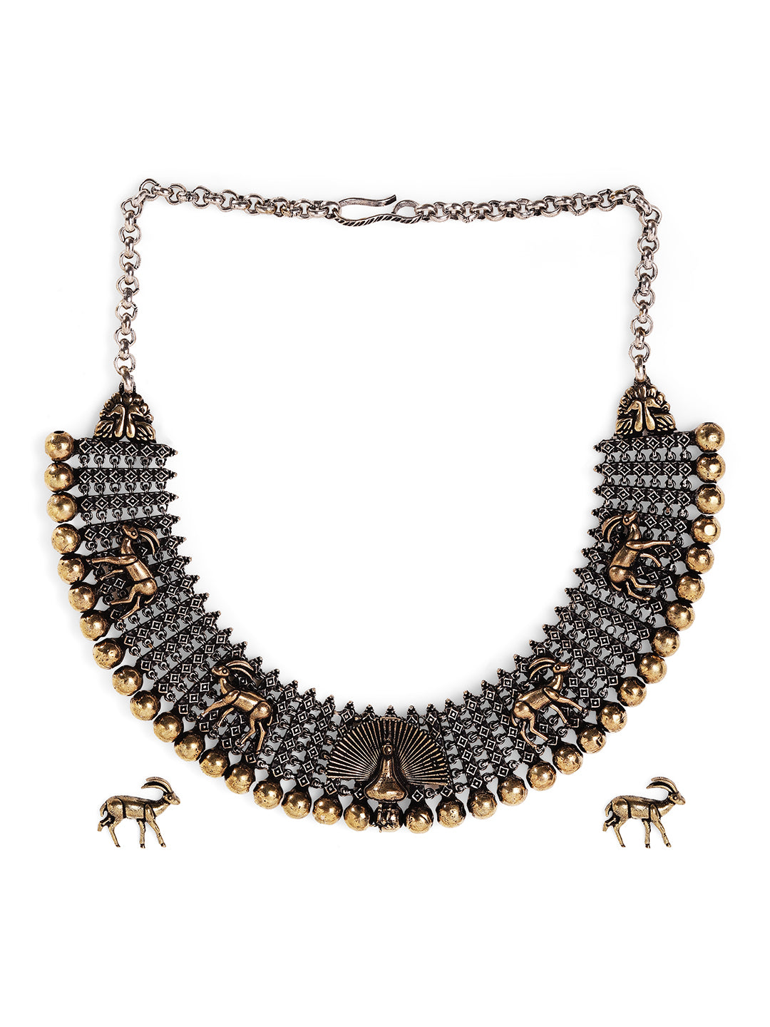 Deer Elegance Dual Plated Oxidized Fancy Necklace with Stud Pattern Earrings Jewellery Set