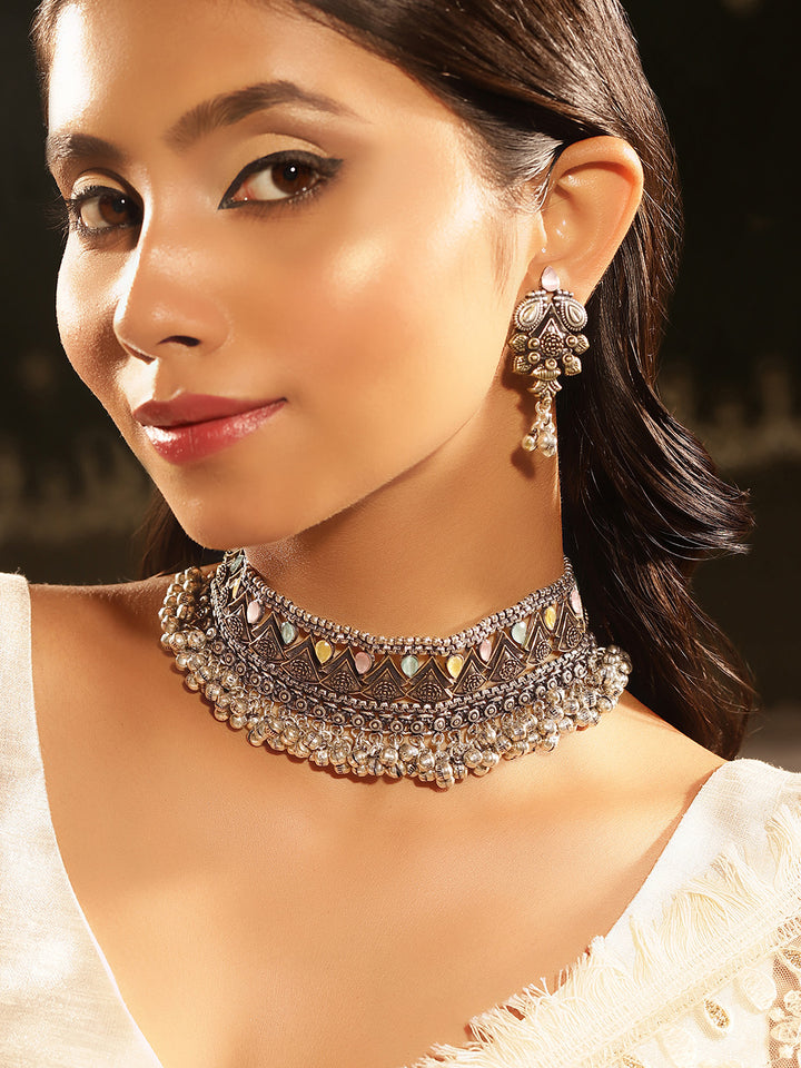 Oxidized Elegance Dual Toned with mini Silver balls Statement Design Chocker Necklace with Drop Earrings Jewellery Set