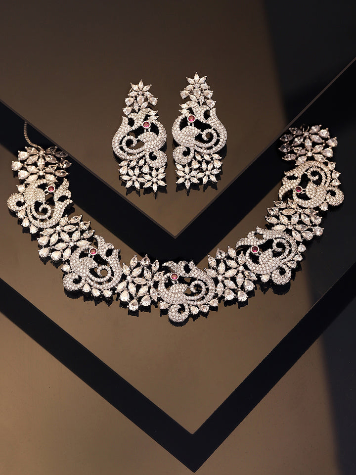 AD Silver Plated Floral Statement Necklace with Elegant Earrings Jewellery Set