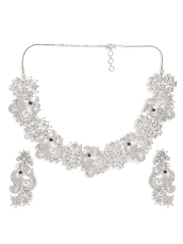 AD Silver Plated Floral Statement Necklace with Elegant Earrings Jewellery Set