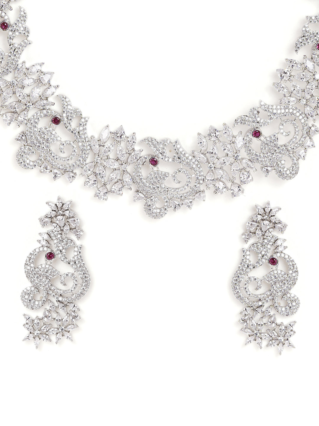 AD Silver Plated Floral Statement Necklace with Elegant Earrings Jewellery Set