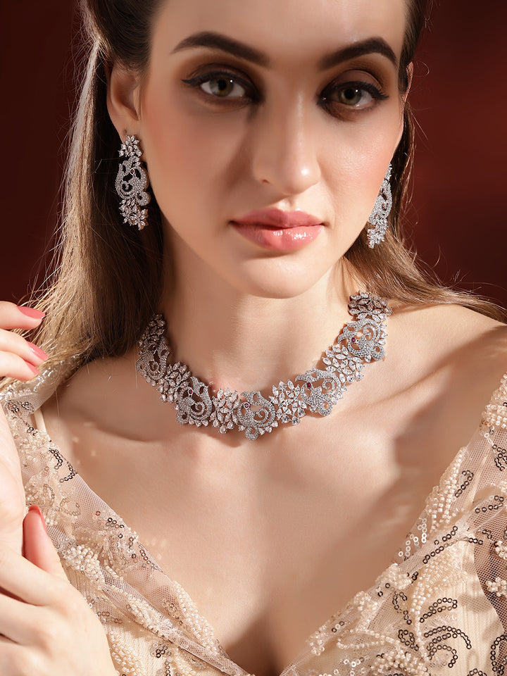 AD Silver Plated Floral Statement Necklace with Elegant Earrings Jewellery Set