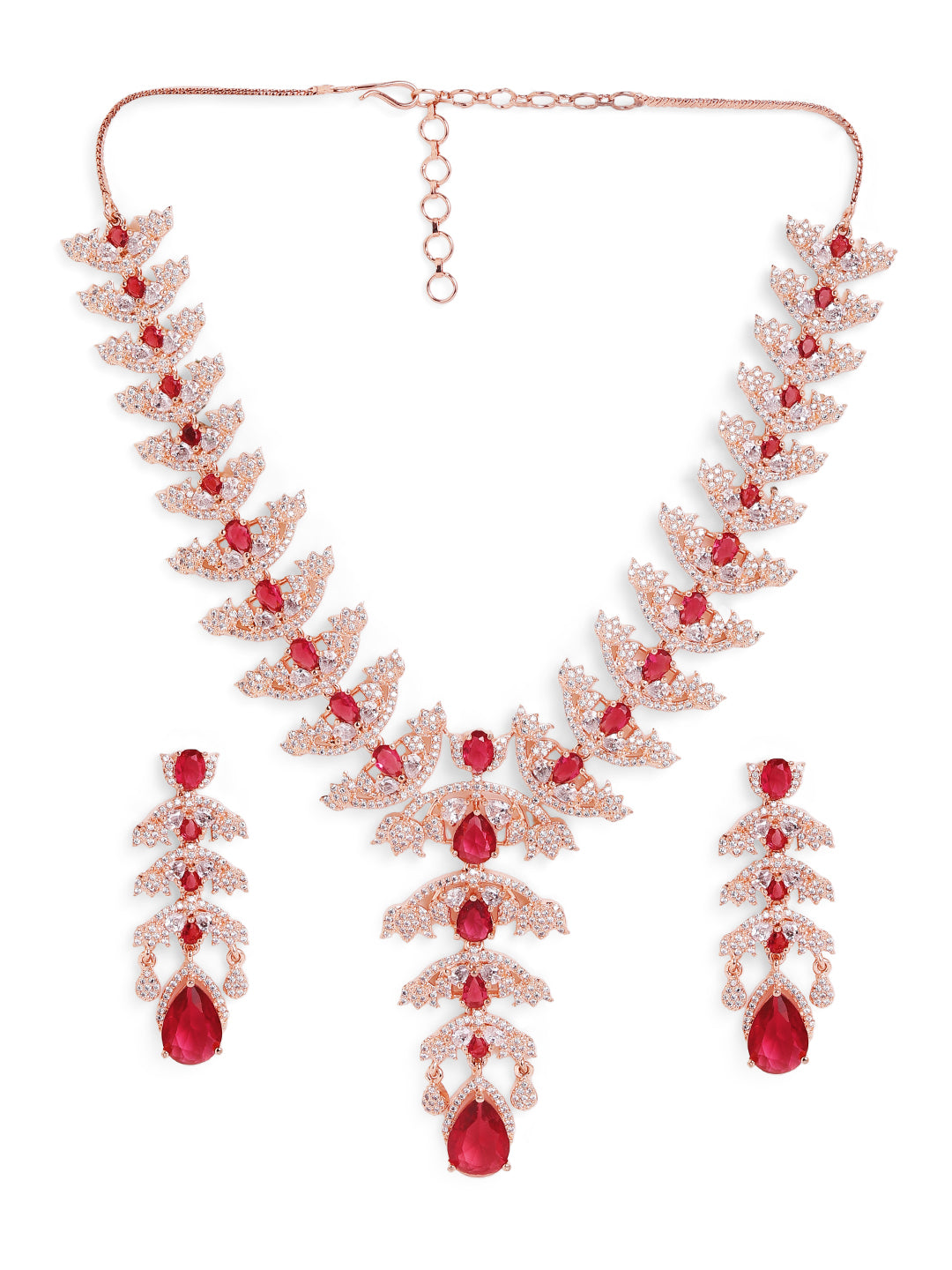 Leaf Pattern Red Stoned Rose Gold Plated Necklace with Bright Earrings Jewellery Set