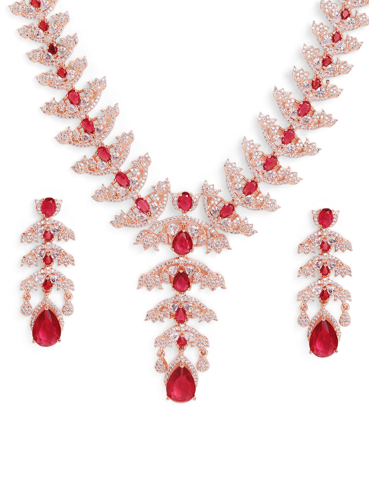 Leaf Pattern Red Stoned Rose Gold Plated Necklace with Bright Earrings Jewellery Set